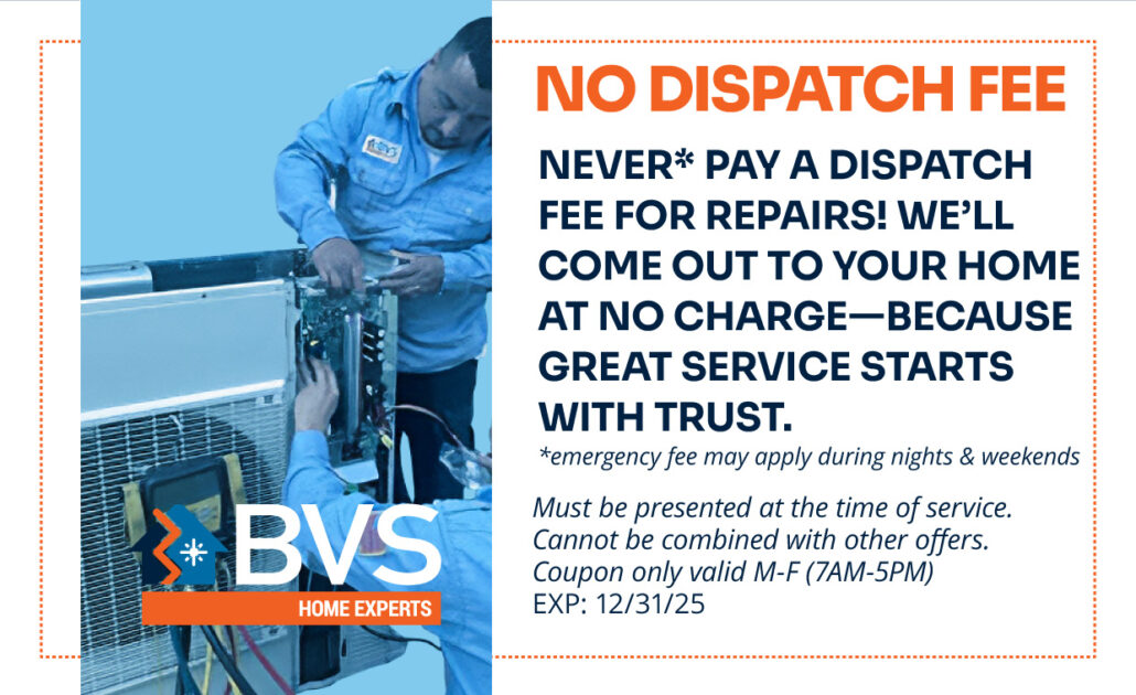 HVAC technician repairing air conditioning unit, BVS Home Experts, reliable emergency HVAC repair services, no dispatch fee, trusted local heating and cooling specialists, professional home HVAC repair.