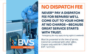 HVAC technician repairing air conditioning unit, BVS Home Experts, reliable emergency HVAC repair services, no dispatch fee, trusted local heating and cooling specialists, professional home HVAC repair.