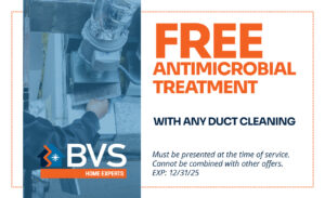 Free antimicrobial treatment offer for duct cleaning services at BVS Home Experts.