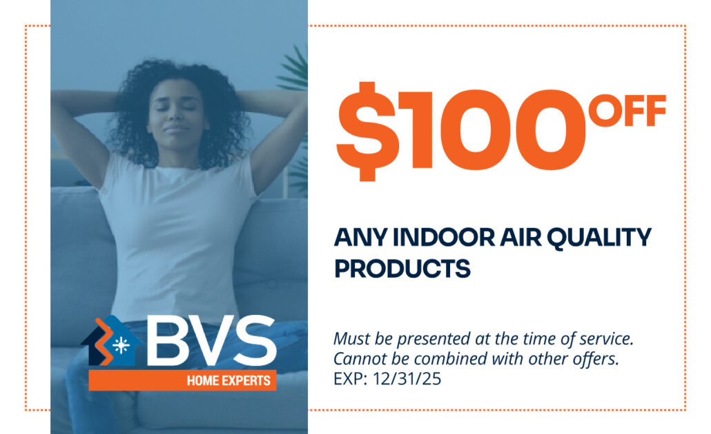 Relaxed woman enjoying indoor air quality, promoting indoor air purification and comfort with BVS Home Experts.
