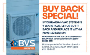 Buy back HVAC system replacement offer from BVS Home Experts with R32 system upgrade and discounts up to $3000.